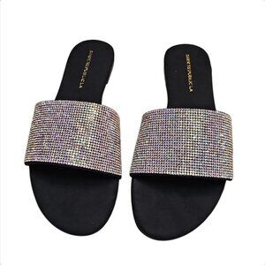 Rhinestone Embellished Slide Sandals Black Sole Multicolor Sparkle Band